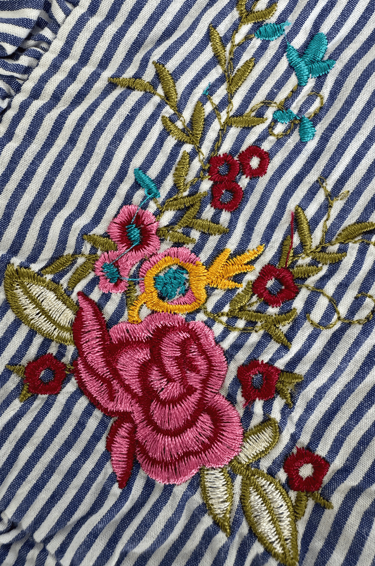 Embroidered Ruffle Collar Stripe Blouse