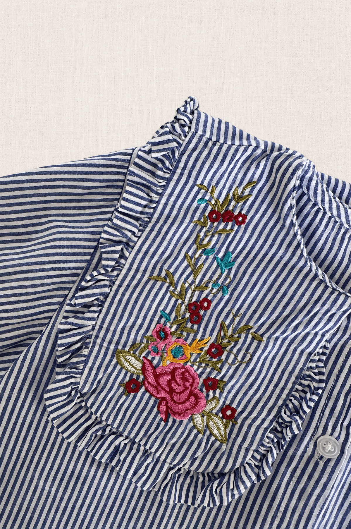 Embroidered Ruffle Collar Stripe Blouse