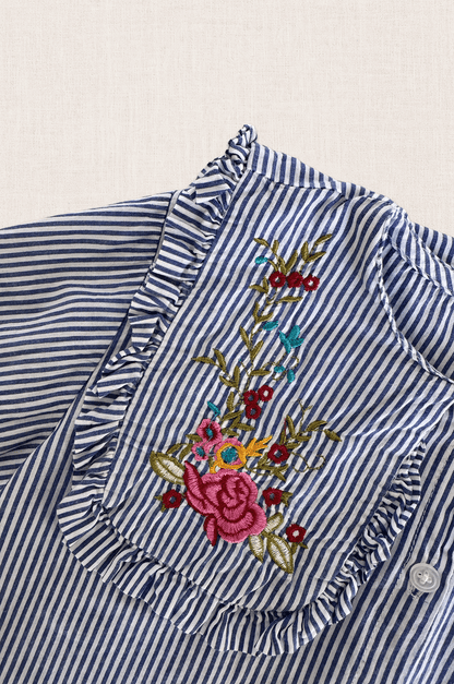 Embroidered Ruffle Collar Stripe Blouse