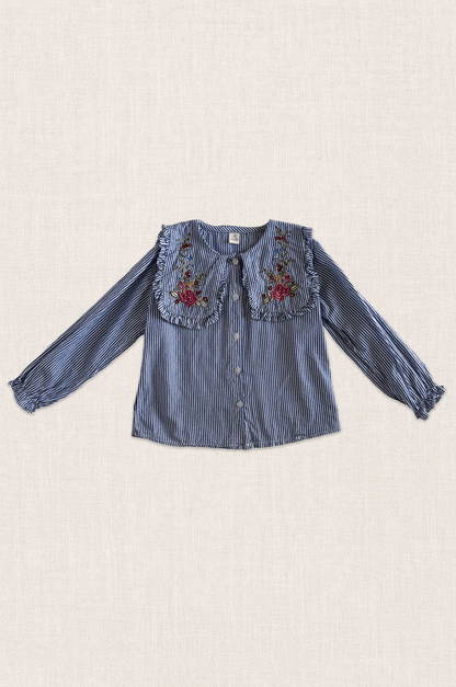 Embroidered Ruffle Collar Stripe Blouse