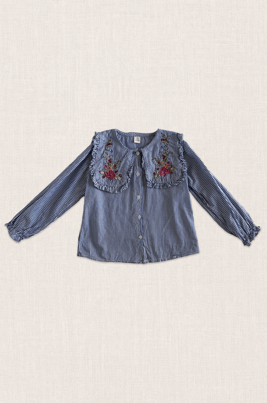 Embroidered Ruffle Collar Stripe Blouse