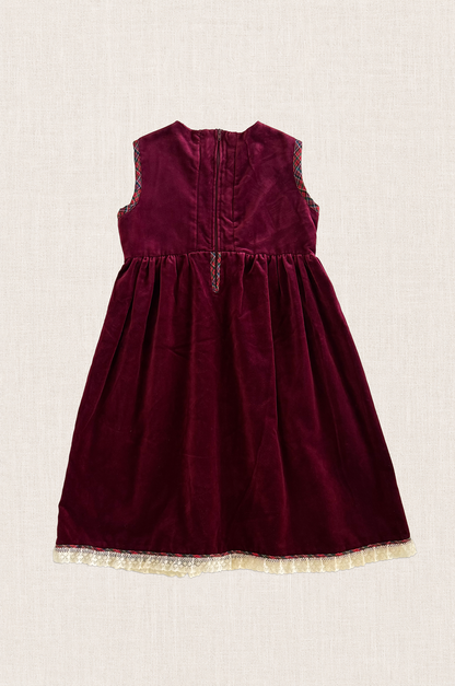 Maroon Velour Tartan Trim Dress