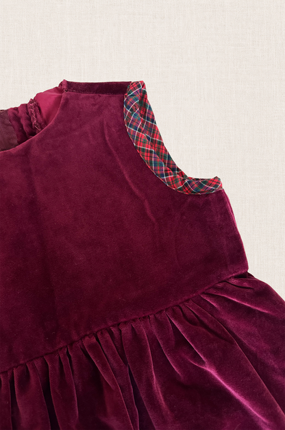Maroon Velour Tartan Trim Dress