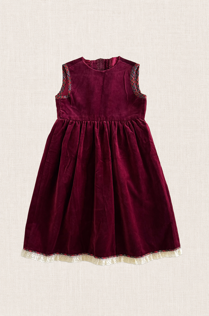 Maroon Velour Tartan Trim Dress