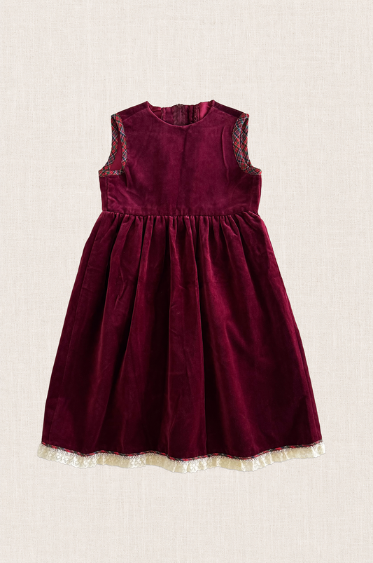 Maroon Velour Tartan Trim Dress