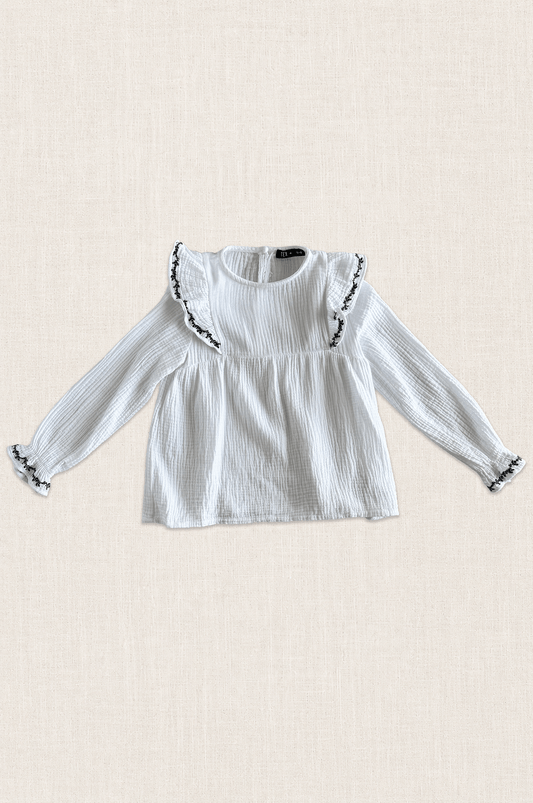 Embroidered Ruffle Cotton Blouse