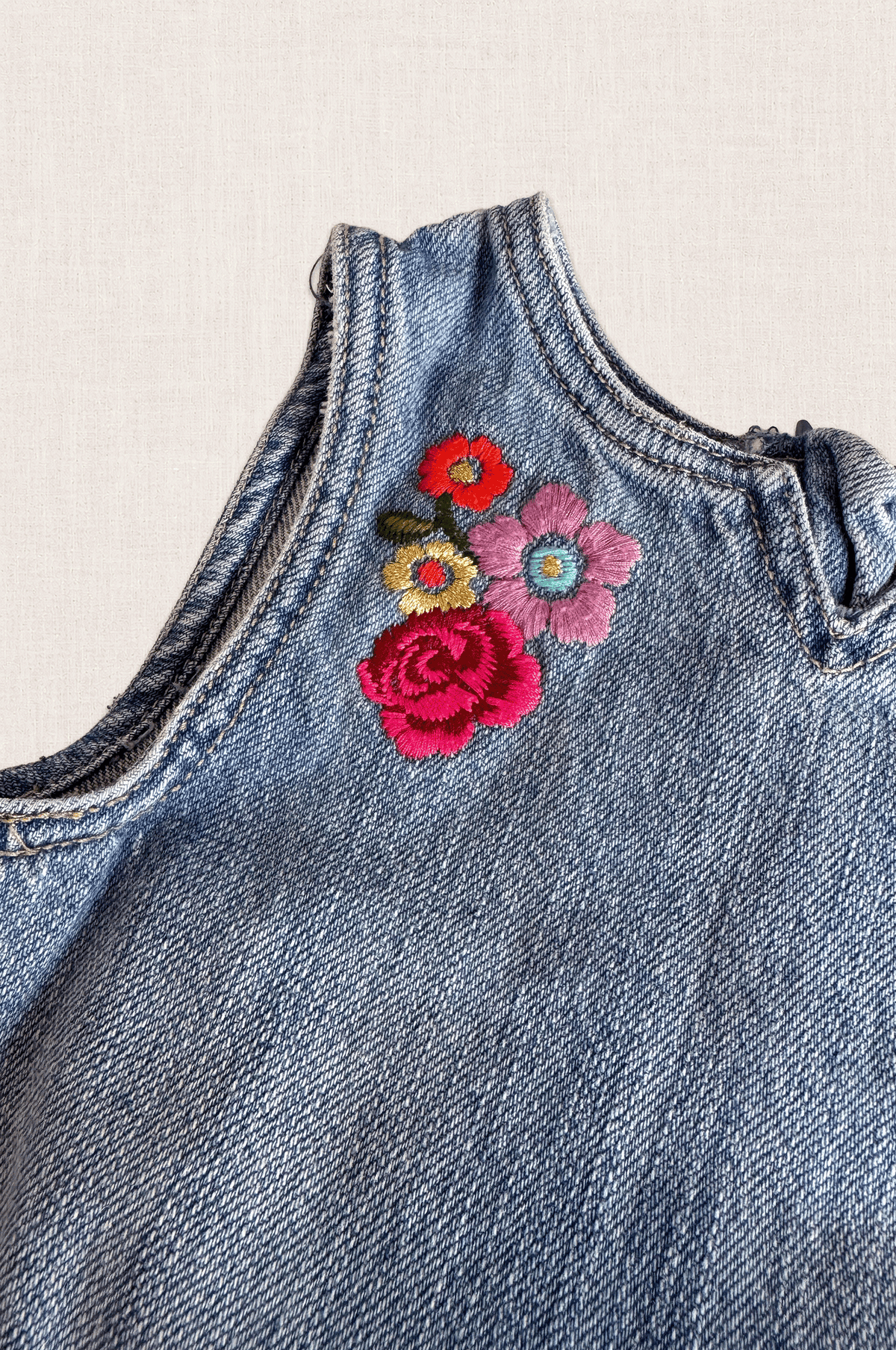 Embroidered Denim Ruffle Dress