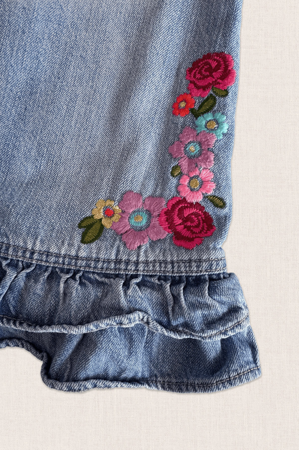 Embroidered Denim Ruffle Dress