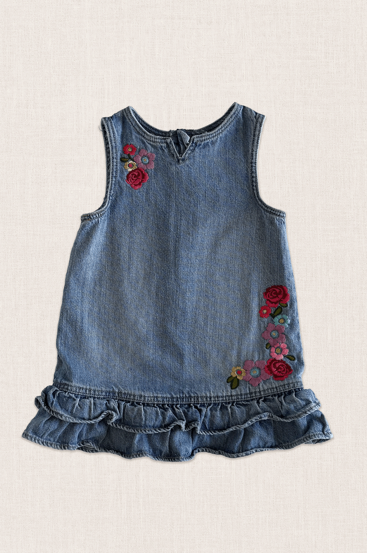 Embroidered Denim Ruffle Dress